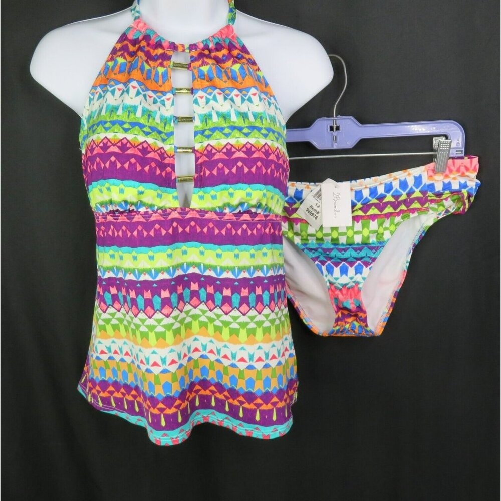2 Bamboo  Tankini Swimsuit  10 Bright Halter Bikini Bottoms Soft Cup Plunge